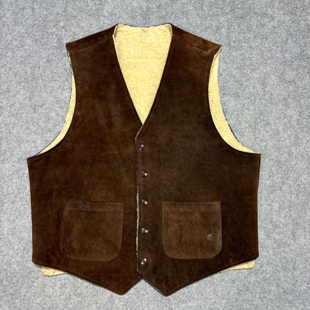 Vintage Brown Suede Leather Shearling Lined Western Vest Mens Medium Large